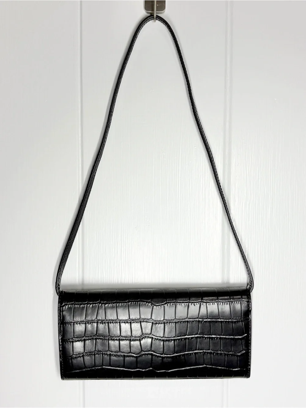 Maje Crocodile-Embossed Leather Bag Clutch Black Gold Clover Clasp Baguette